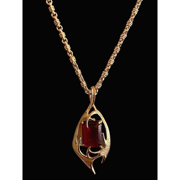 Vintage Pendant Neckless Sarah Coventry Topaz Amber Glass Gold Tone Molten Flame - Picture 6 of 11